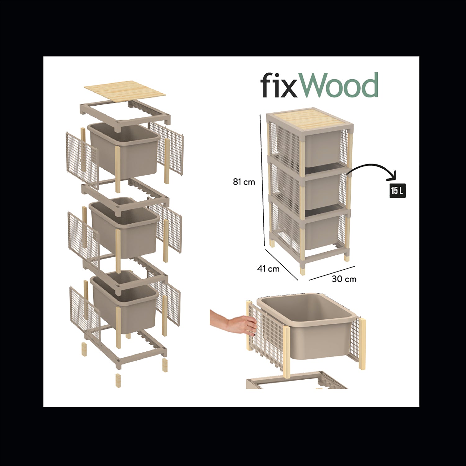 VESTIAMO CASA - Cassettiera Multiuso 3 cassetti FixWood h82x30x41 cm