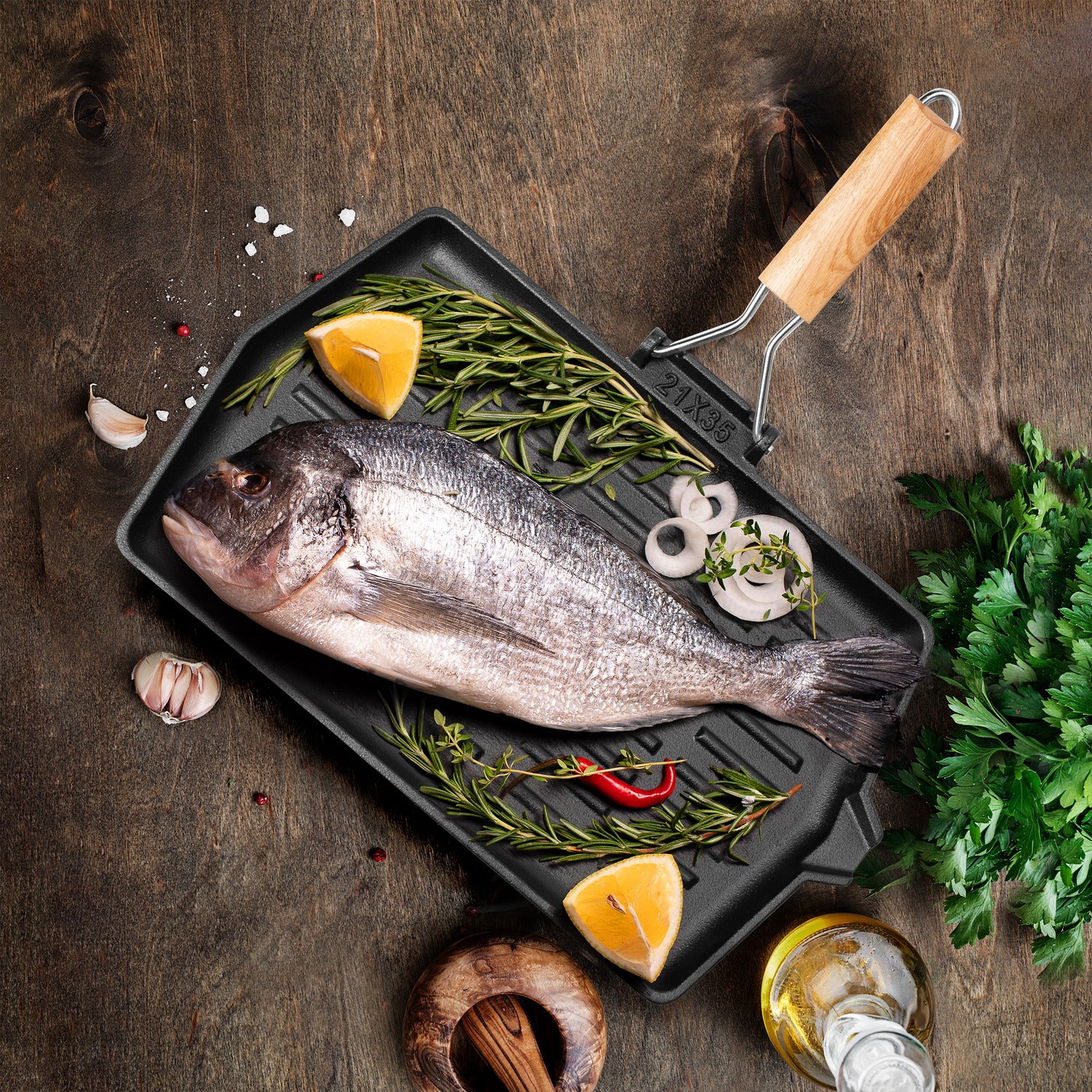 GUSTO CASA - Bistecchiera rettangolare in ghisa con manico pieghevole Linea Ghiselle 35x21 cm