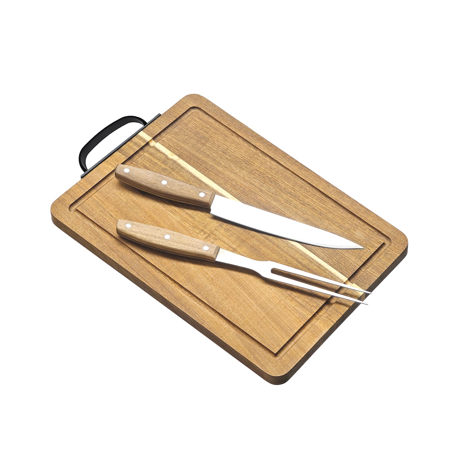 GUSTO CASA - Set Tagliere da Carne in Acacia con Coltello e Forchettone Linea Acacia