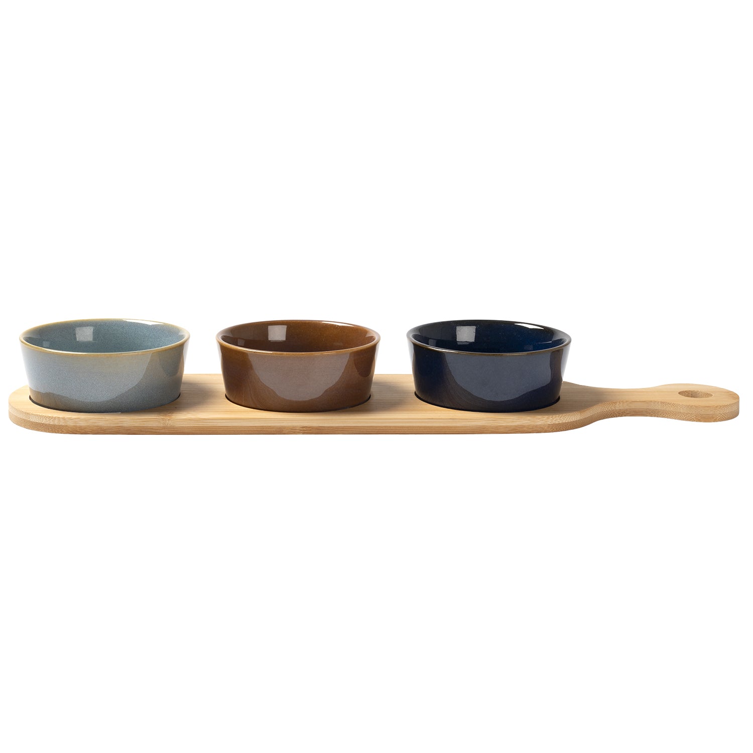 GUSTO CASA - Antipastiera con 3 Ciotole in Ceramica e Base in Bamboo Linea Reactive 43x11 cm