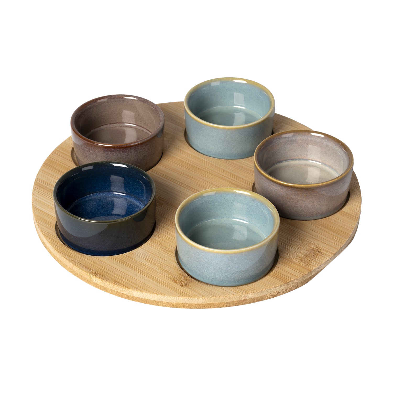 GUSTO CASA - Antipastiera con 5 Ciotole in Ceramica e Base in Bamboo Linea Reactive diametro 24,5 cm