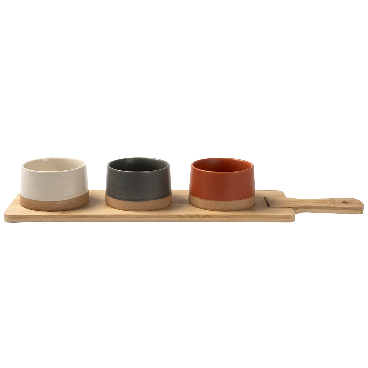 GUSTO CASA - Antipastiera con 3 Ciotole in Ceramica e Base in Bamboo Linea Terranostra 48x12 cm