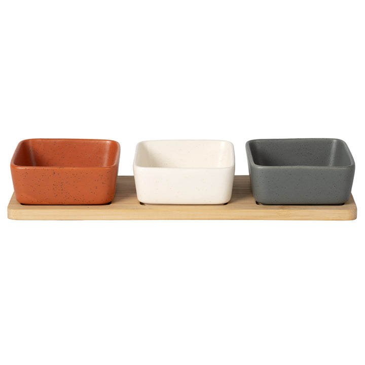 GUSTO CASA - Antipastiera con 3 Ciotole in Ceramica e Base in Bamboo Linea Terranostra 28,5x9,5 cm