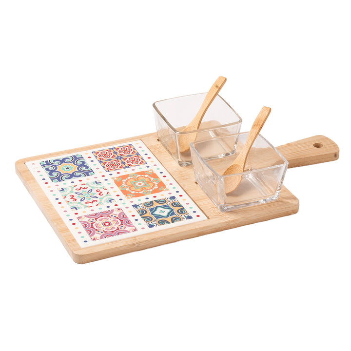 GUSTO CASA - Antipastiera con 2 Ciotole in Vetro e Base in Bamboo Linea Azulejos 38x22,5 cm