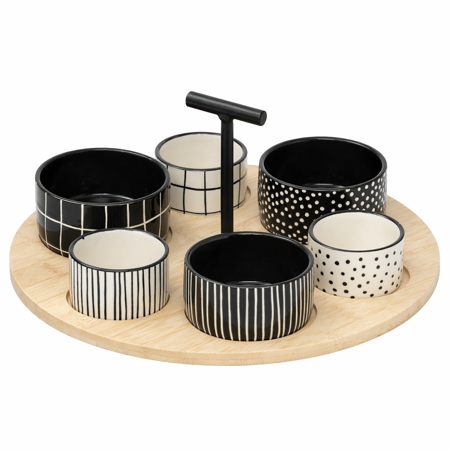 GUSTO CASA - Antipastiera con 6 Ciotole in Ceramica e Base in Bamboo Linea Shirokuro