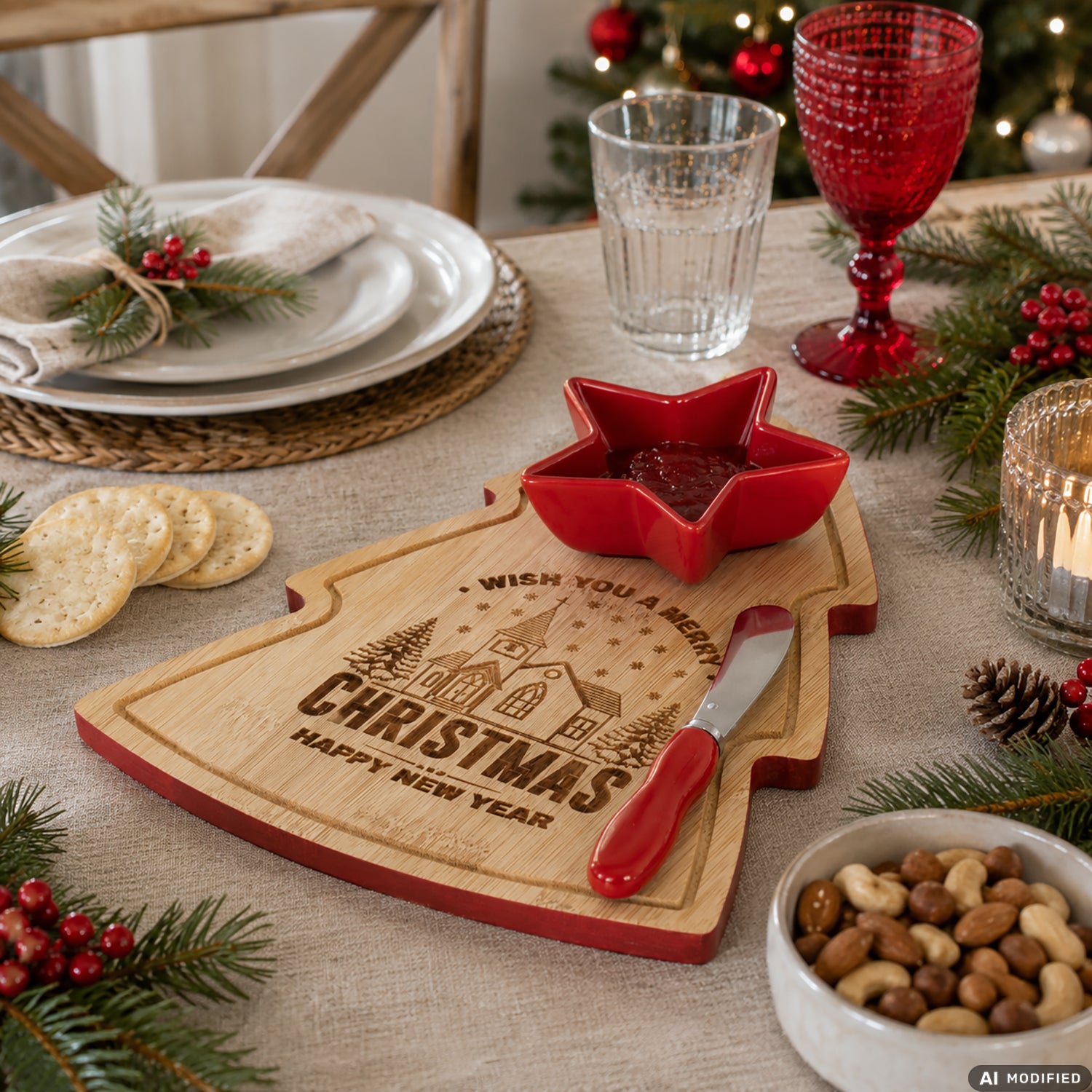 GUSTO CASA - Vassoio Degustazioni Natalizio in Bamboo a Forma di Albero con Coppetta in Ceramica e Spatola Inox 26x22 cm