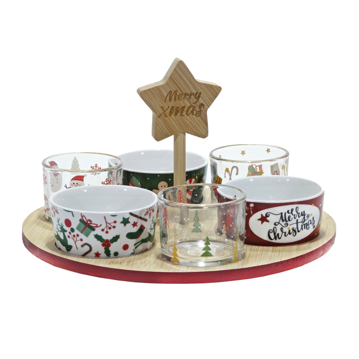 VESTIAMO CASA GRAN NATALE - Antipastiera Natalizia in Bamboo Merry Christmas diametro 27 cm - Set 6 pezzi