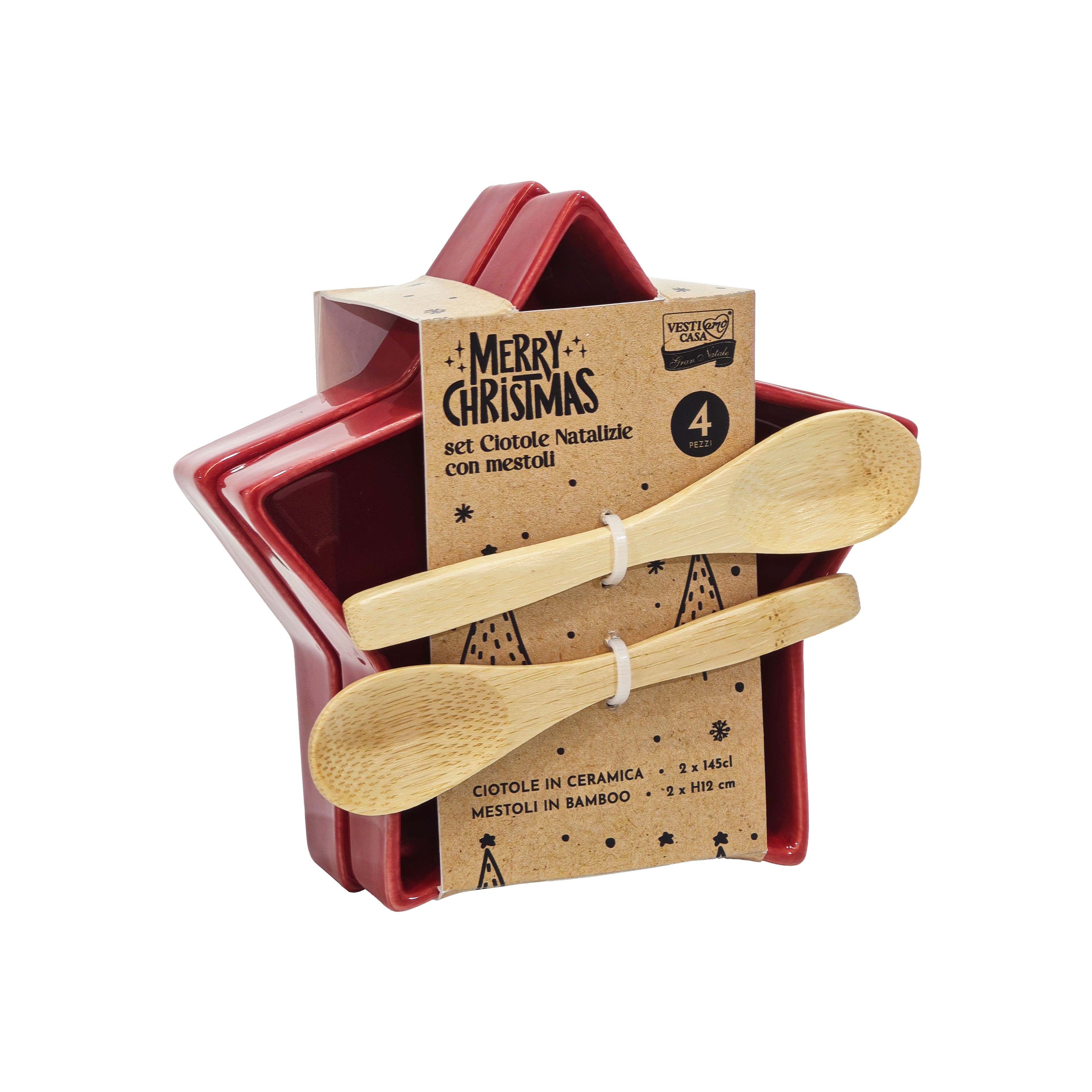 VESTIAMO CASA GRAN NATALE - Set Ciotole Natalizie con Cucchiai in Bamboo 4 Pezzi
