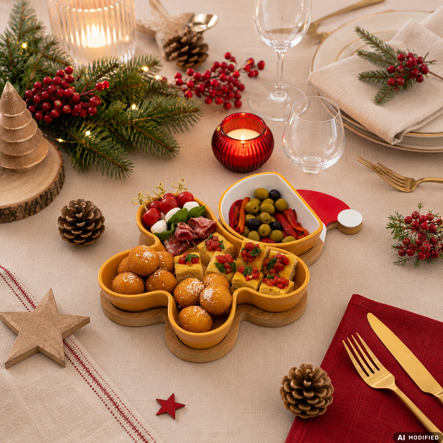 VESTIAMO CASA GRAN NATALE - Antipastiera Natalizia con 2 Ciotole e Base in Bamboo