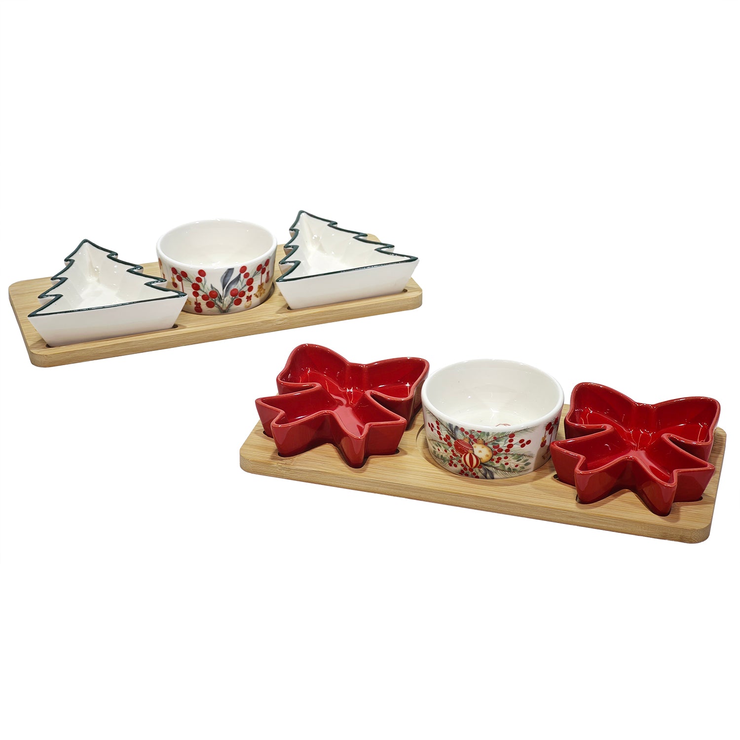 VESTIAMO CASA GRAN NATALE - Set Antipastiera Natalizia 3 Pezzi con Base in Bambù e Ciotole Stoneware Merry Christmas