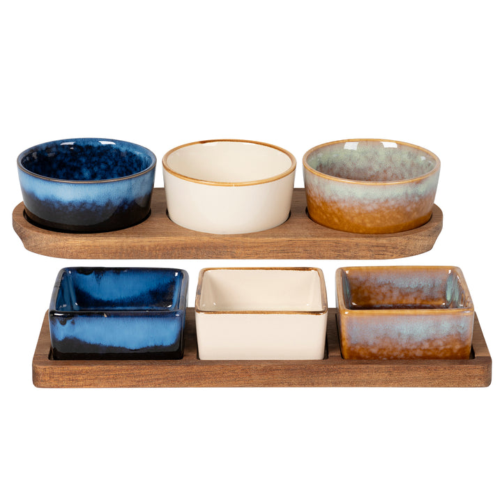 GUSTO CASA - Antipastiera con 3 Ciotole in Ceramica Reactive e Base in Acacia 25x9,5 cm
