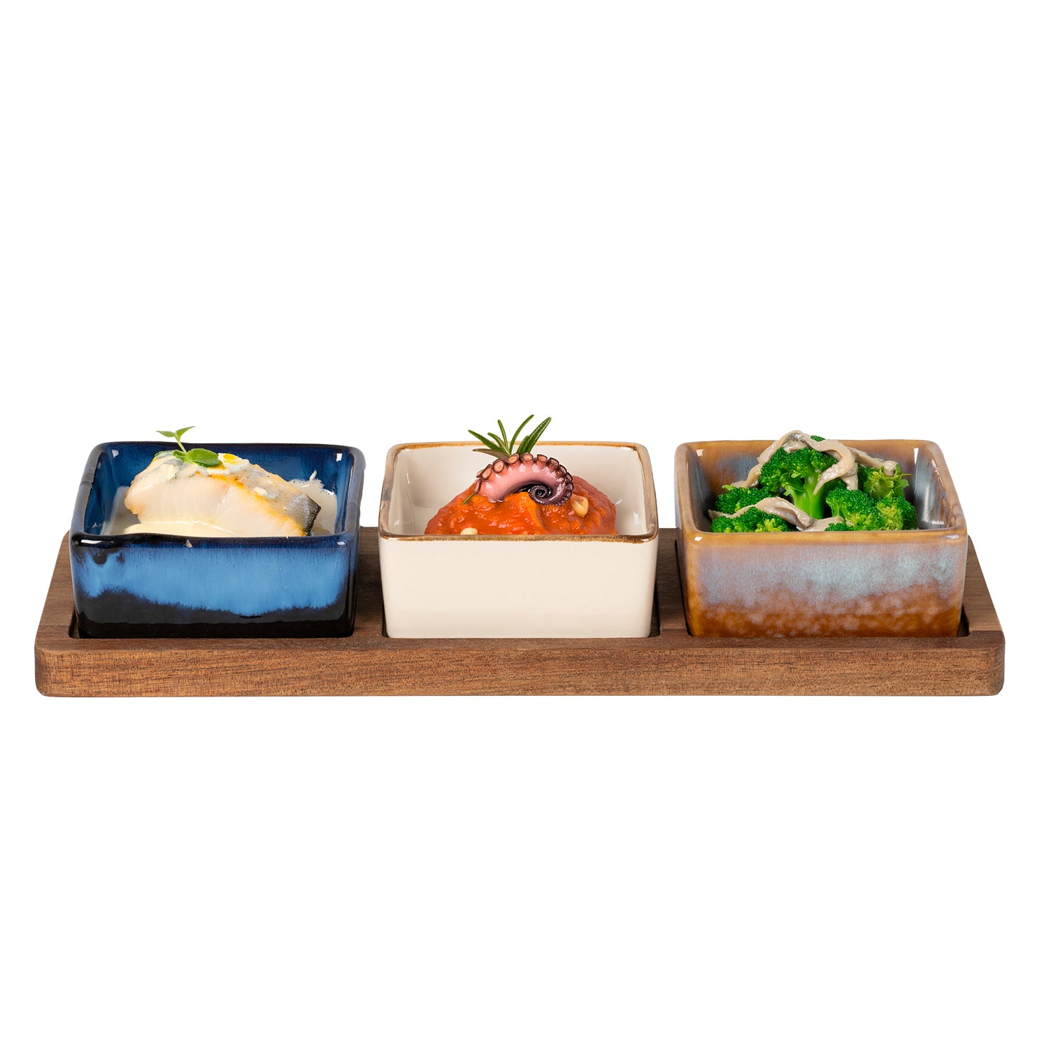 GUSTO CASA - Antipastiera con 3 Ciotole in Ceramica Reactive e Base in Acacia 25x9,5 cm