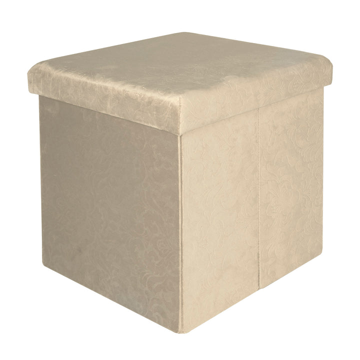 VESTIAMO CASA - Pouf Contenitore in Velluto Damascato Crema  - h37,5x38x38 cm