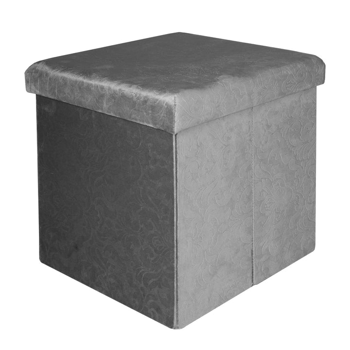 VESTIAMO CASA - Pouf Contenitore in Velluto Damascato Grigio  - h37,5x38x38 cm