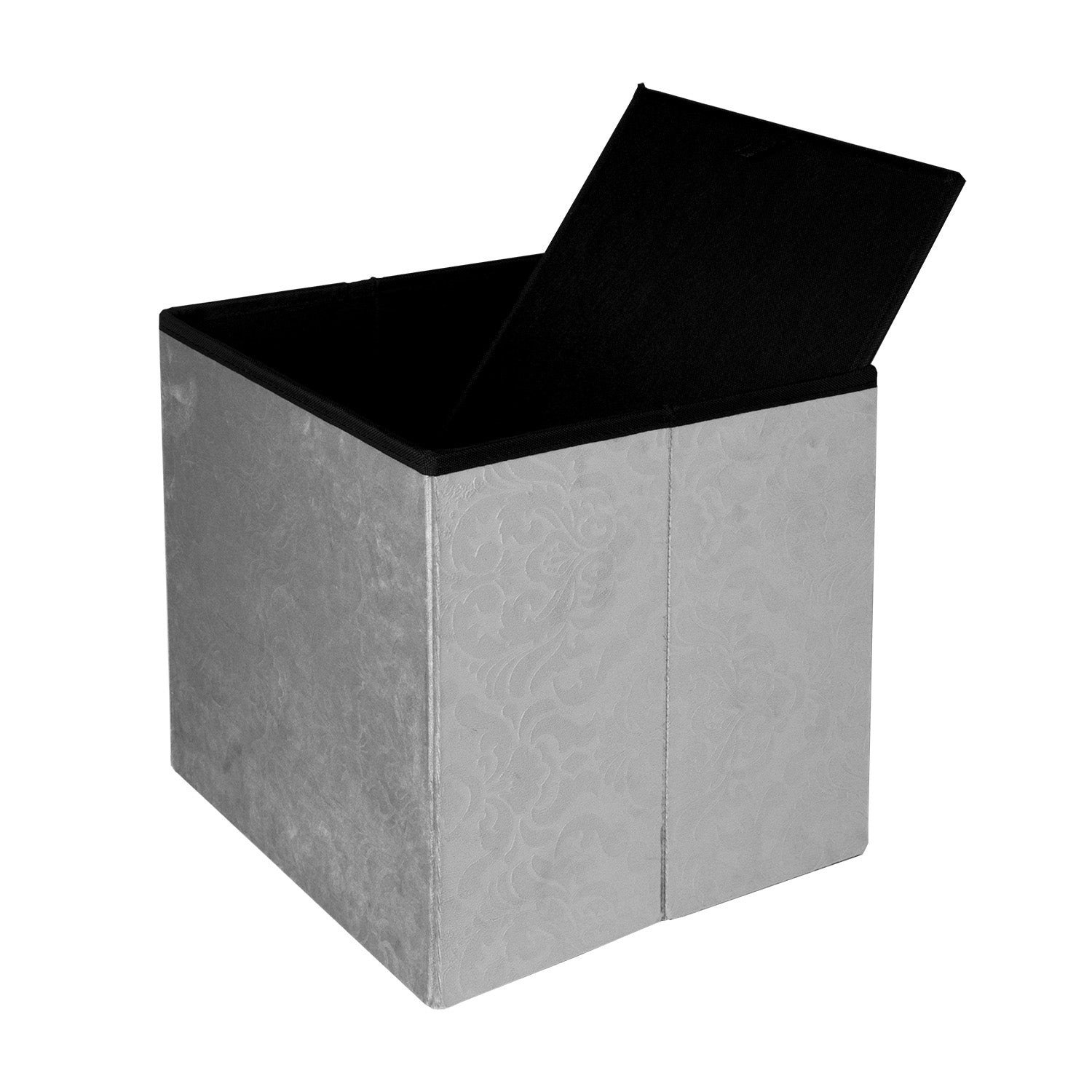 VESTIAMO CASA - Pouf Contenitore in Velluto Damascato Grigio  - h37,5x38x38 cm