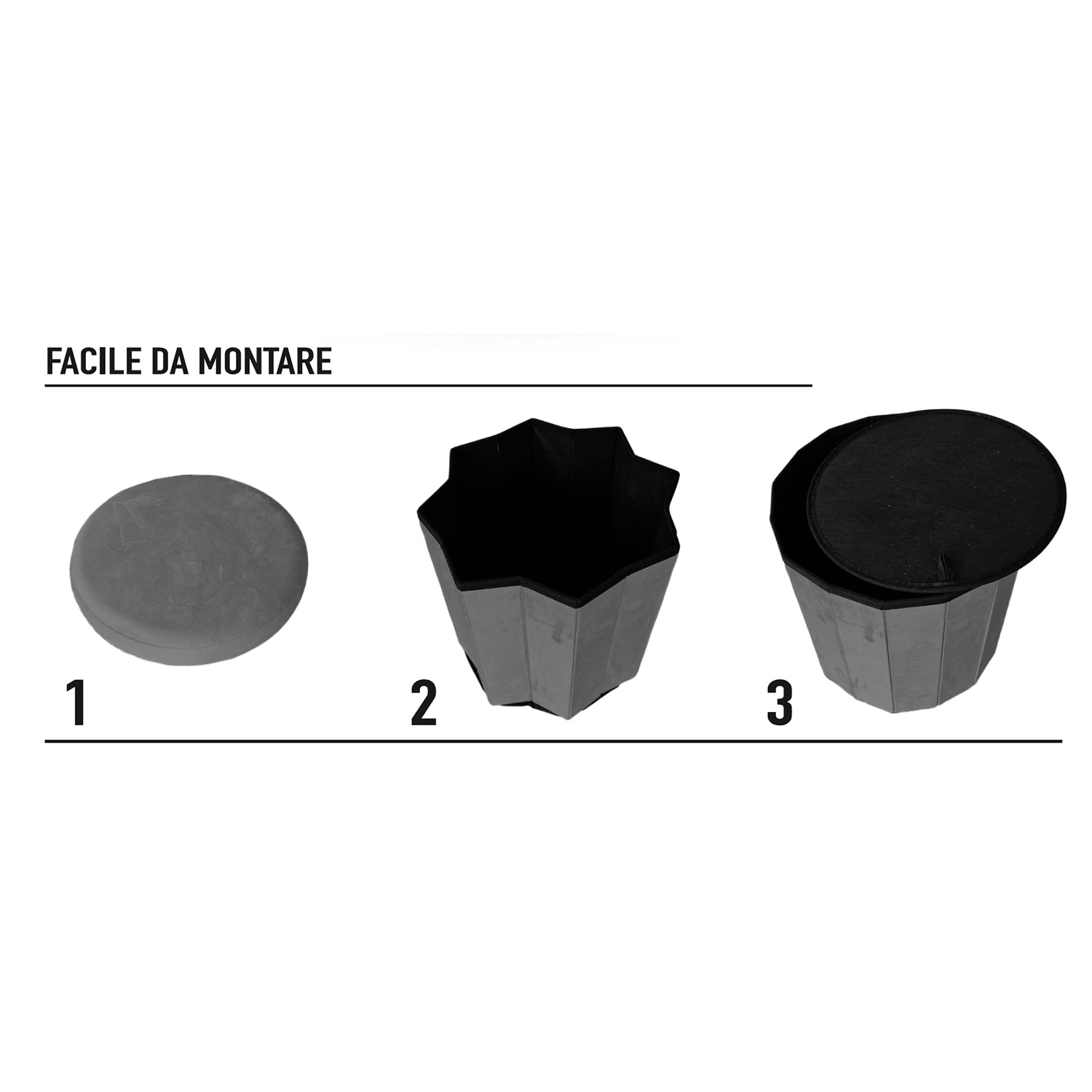 VESTIAMO CASA - Pouf Contenitore Richiudibile Grigio - h38 cm diametro 40 cm