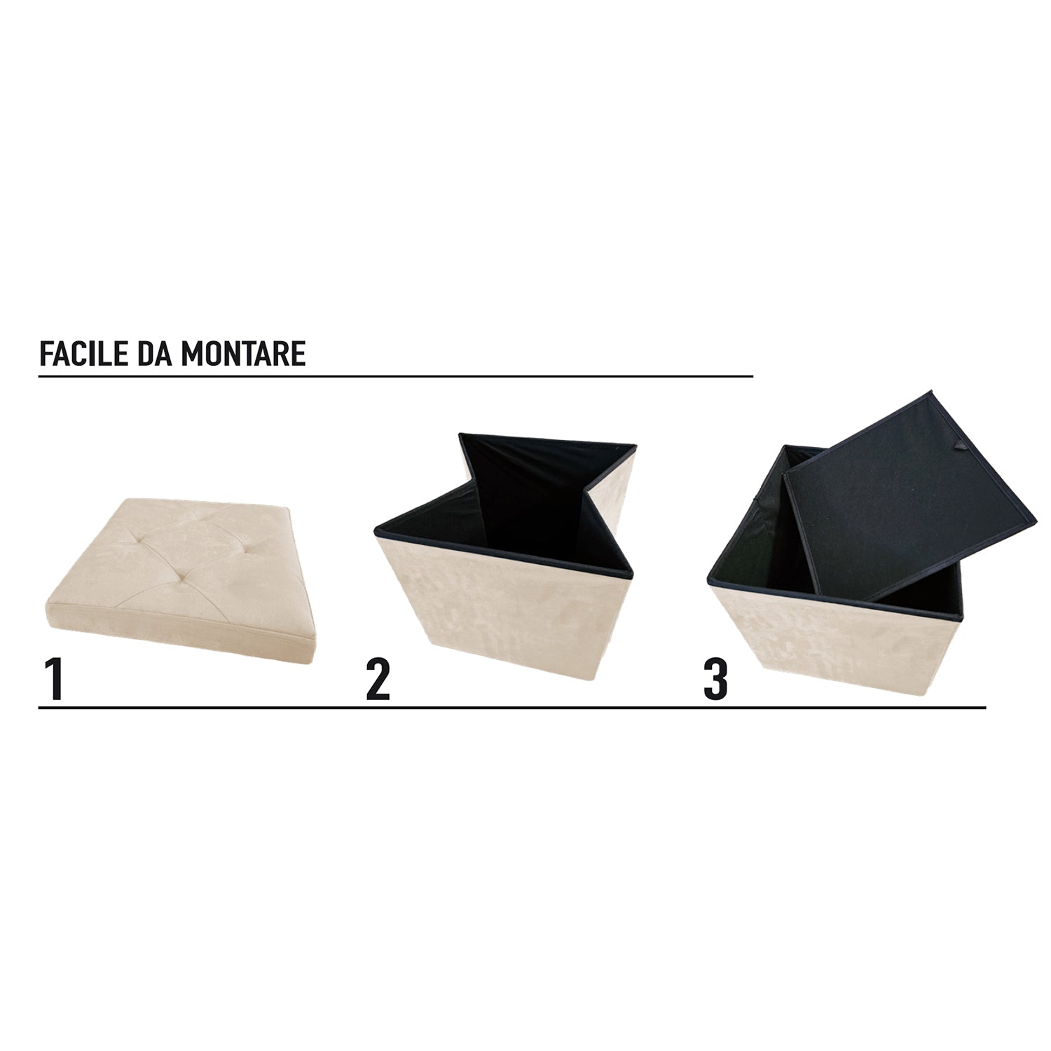 VESTIAMO CASA - Pouf Contenitore Richiudibile Crema in Velluto Sintetico h38x38x38 cm