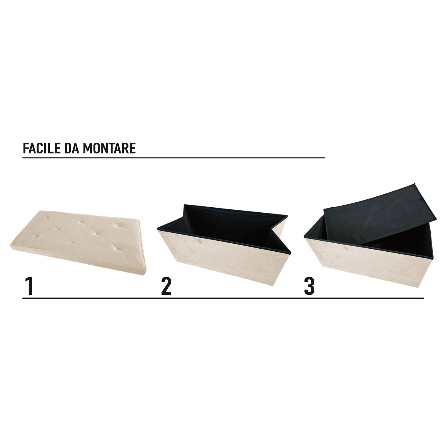 VESTIAMO CASA - Pouf Contenitore Richiudibile Crema in Velluto Sintetico h38x76x38 cm