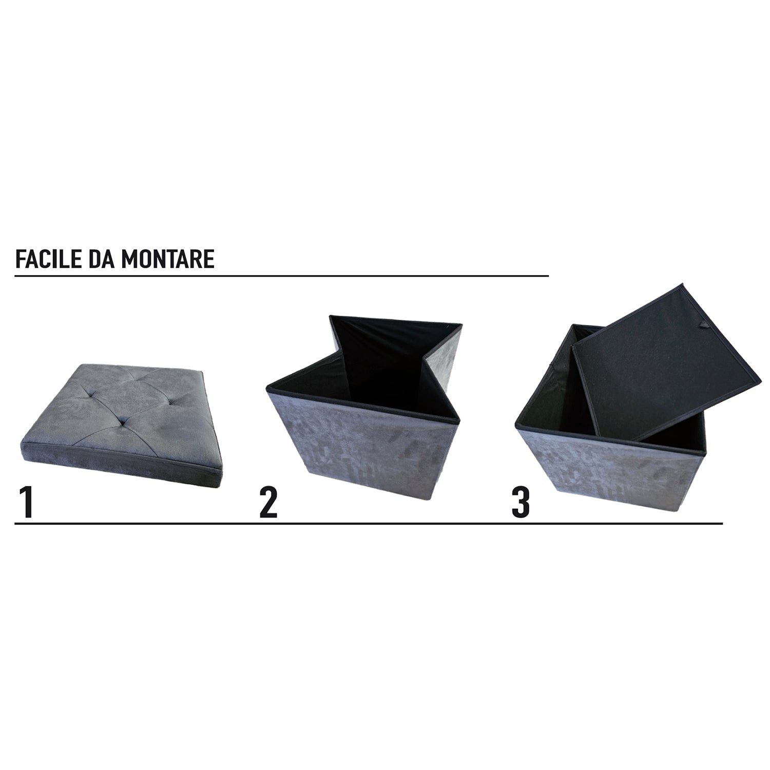 VESTIAMO CASA - Pouf Contenitore Richiudibile Grigio in Velluto Sintetico h38x38x38 cm