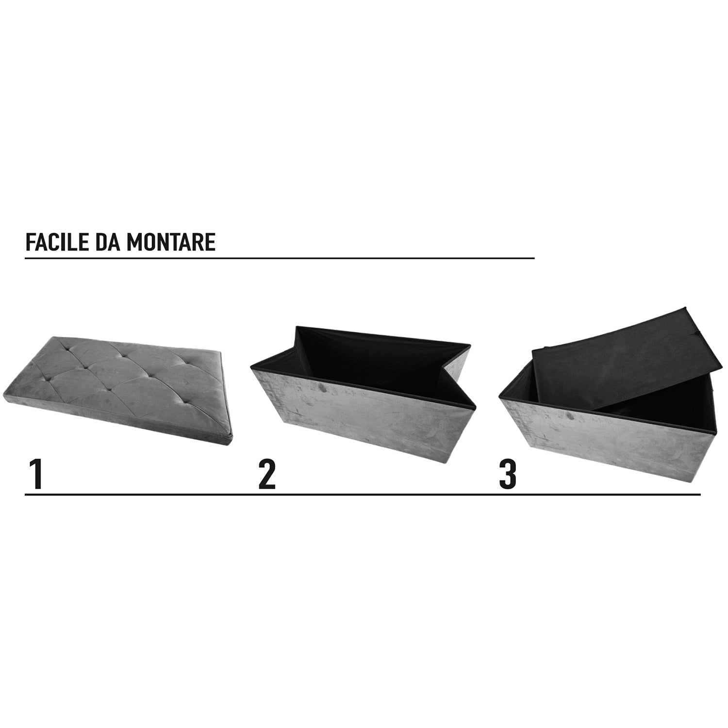 VESTIAMO CASA - Pouf Contenitore Richiudibile Grigio in Velluto Sintetico h38x76x38 cm