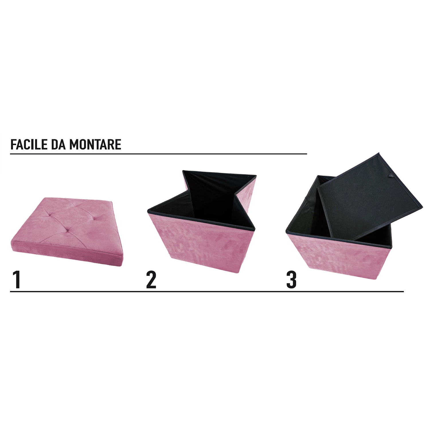 VESTIAMO CASA - Pouf Contenitore Richiudibile Rosa in Velluto Sintetico h38x38x38 cm