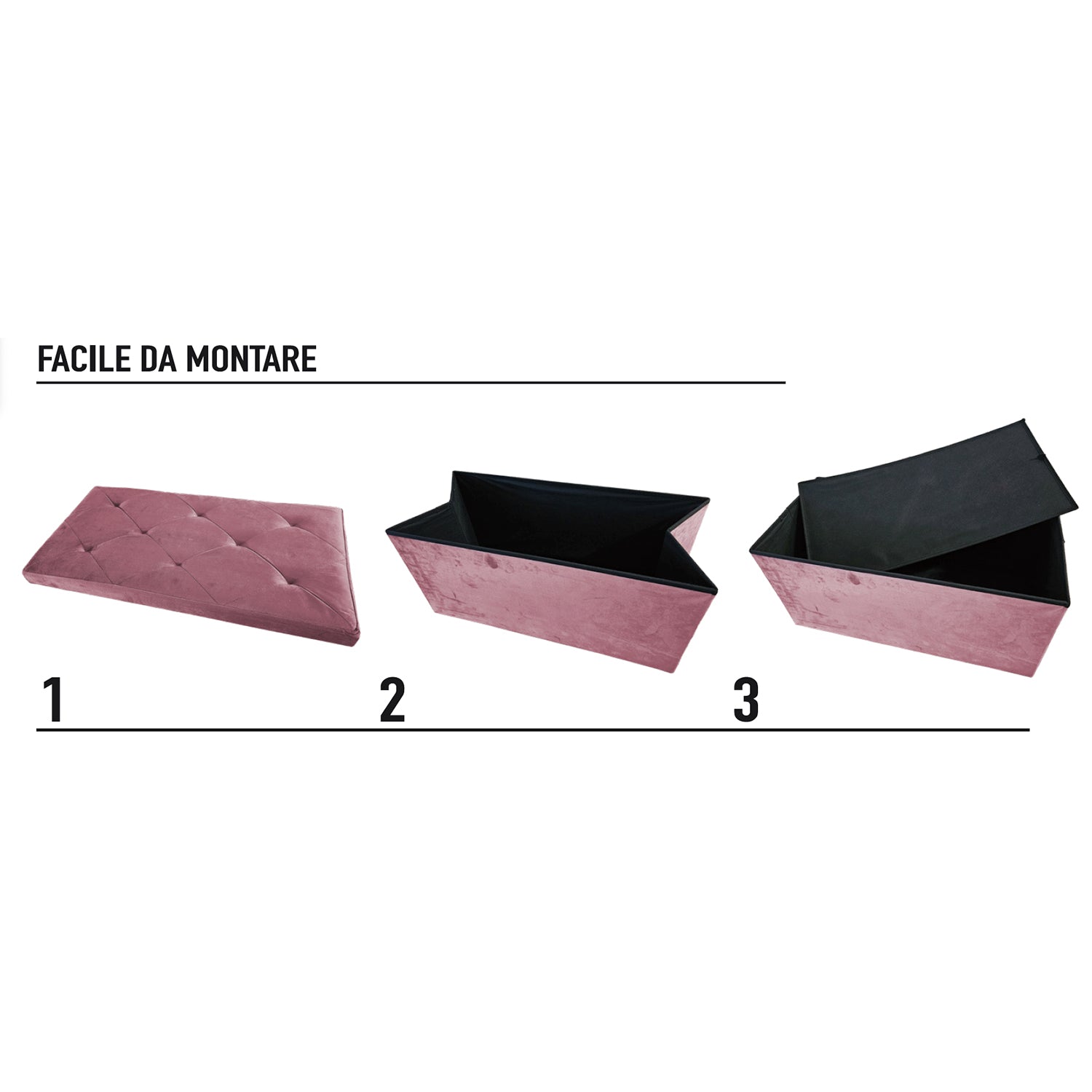 VESTIAMO CASA - Pouf Contenitore Richiudibile Rosa in Velluto Sintetico h38x76x38 cm