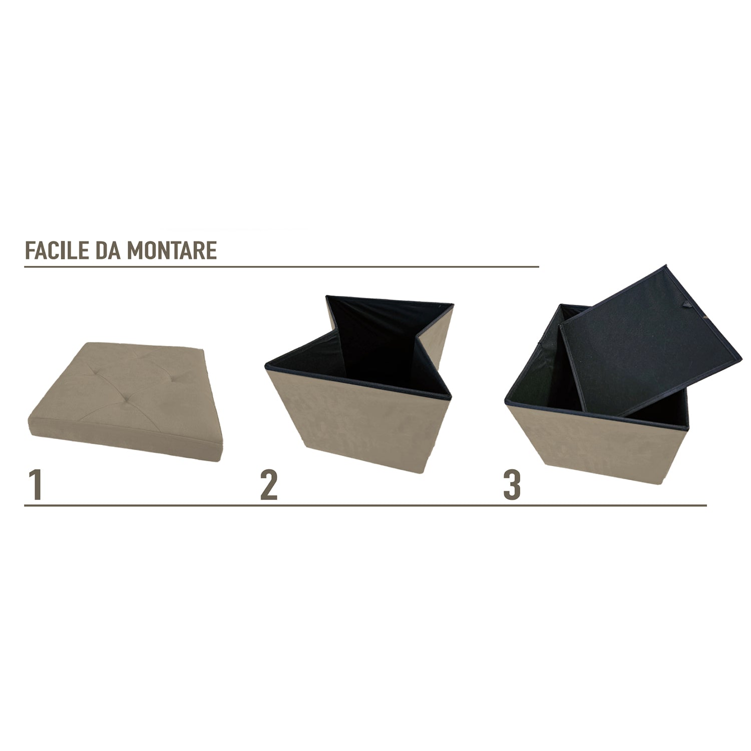 VESTIAMO CASA - Pouf Contenitore Richiudibile Tortora in Velluto Sintetico h38x38x38 cm