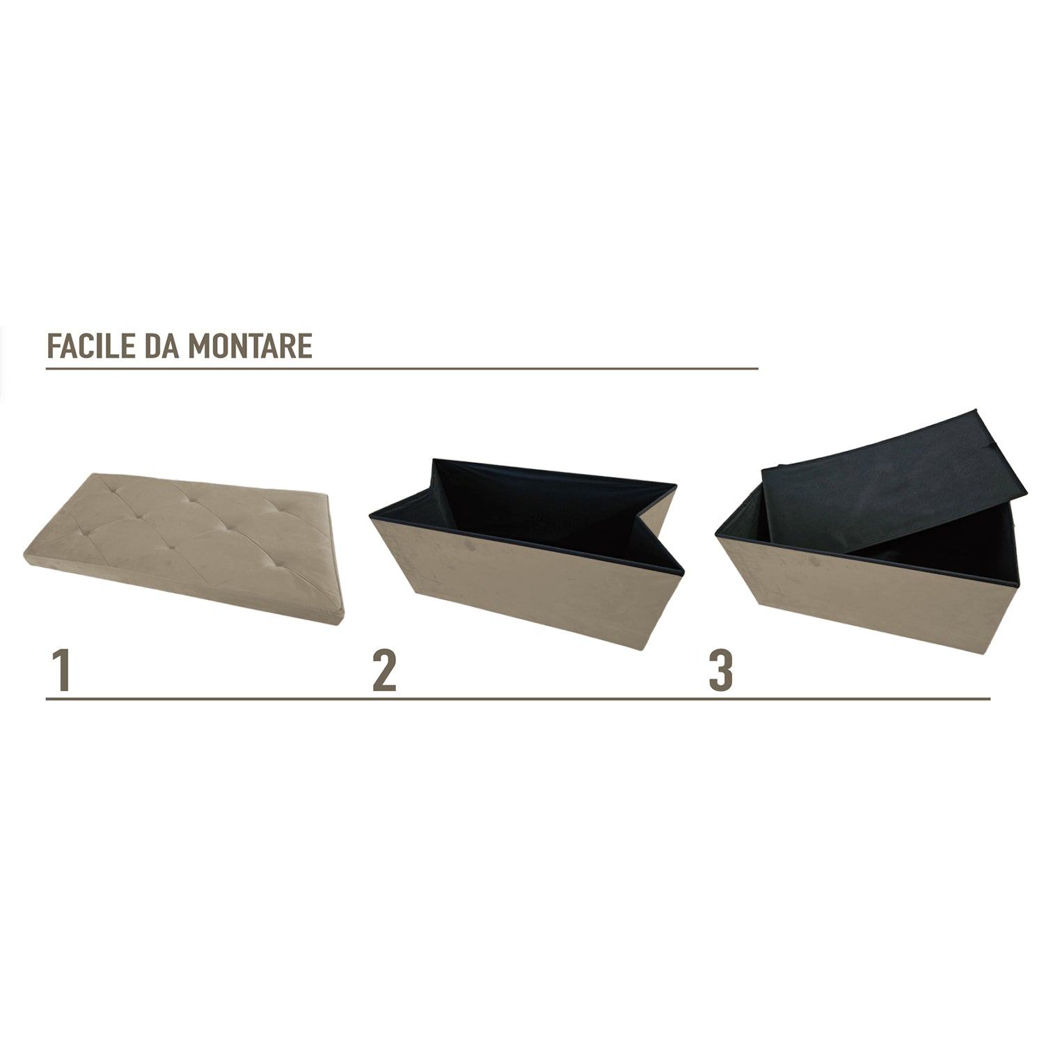 VESTIAMO CASA - Pouf Contenitore Richiudibile Tortora in Velluto Sintetico h38x76x38 cm