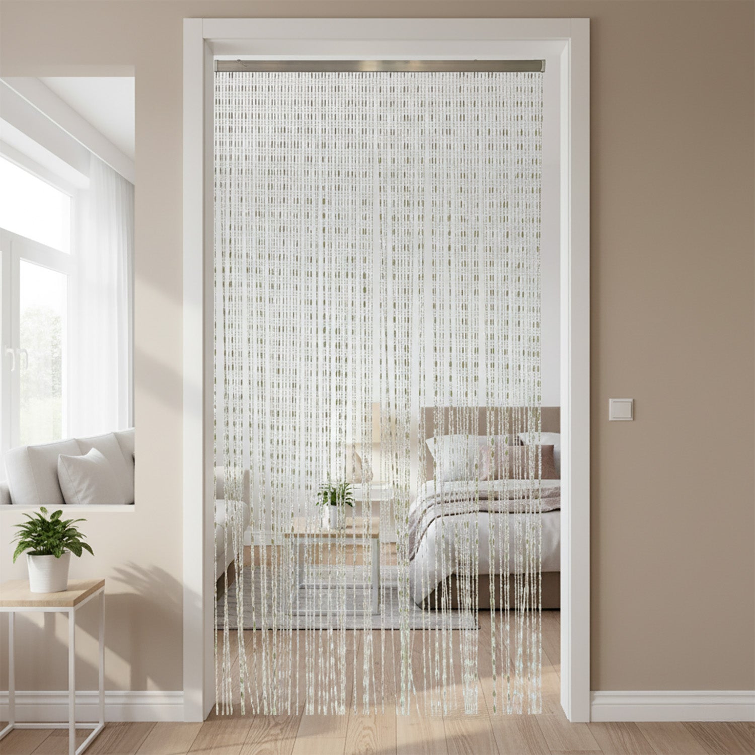 VESTIAMO CASA GIARDINO - Tenda a Perline con Supporto in Alluminio h220x100 cm - Ghiaccio/Bianco (80 Fili)