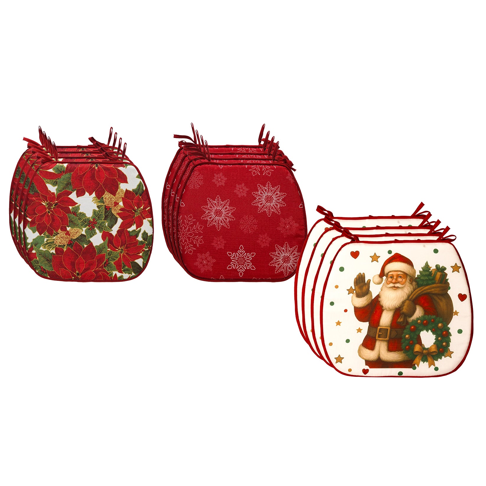 VESTIAMO CASA GRAN NATALE - Set 4 Cuscini Coprisedia Natalizi con Laccetti 38x38 cm