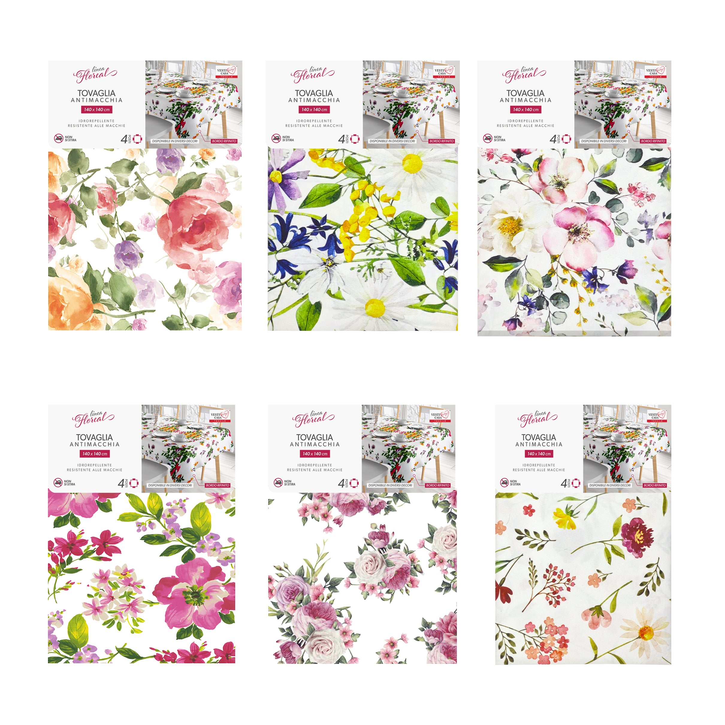 VESTIAMO CASA - Tovaglia Antimacchia Idrorepellente Linea Flowers 4 posti 140x140 cm