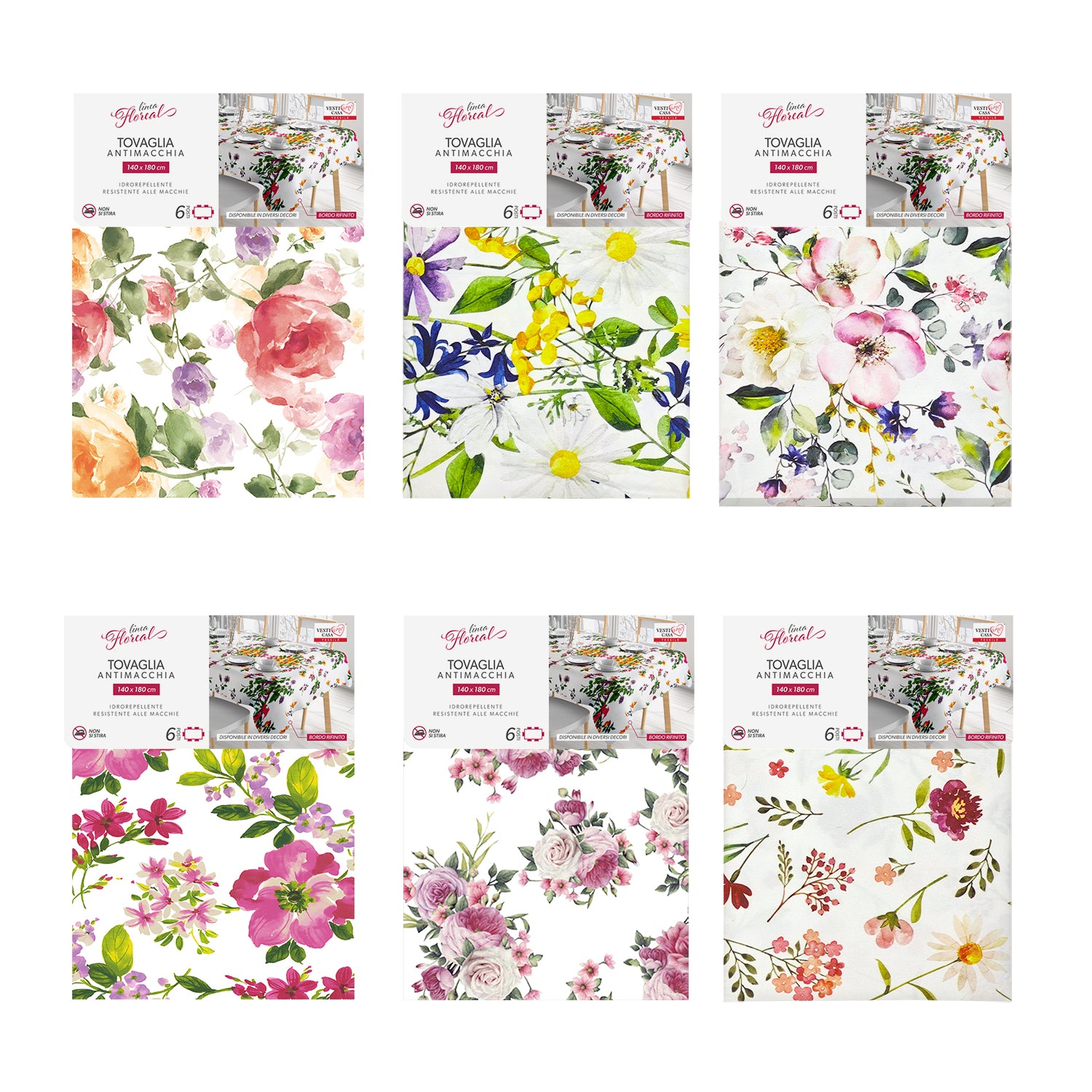 VESTIAMO CASA - Tovaglia Antimacchia Idrorepellente Linea Flowers 6 posti 140x180 cm