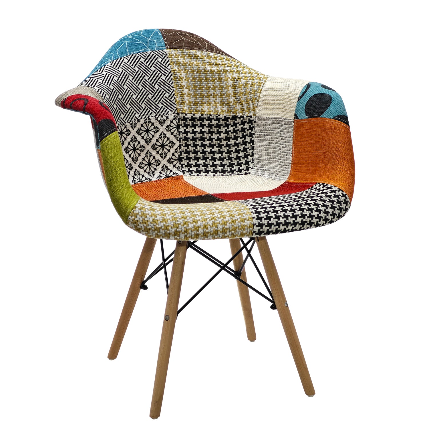 VESTIAMO CASA - Poltrona Patchwork Imbottita con Braccioli e Gambe in Legno - h78x64x66 cm