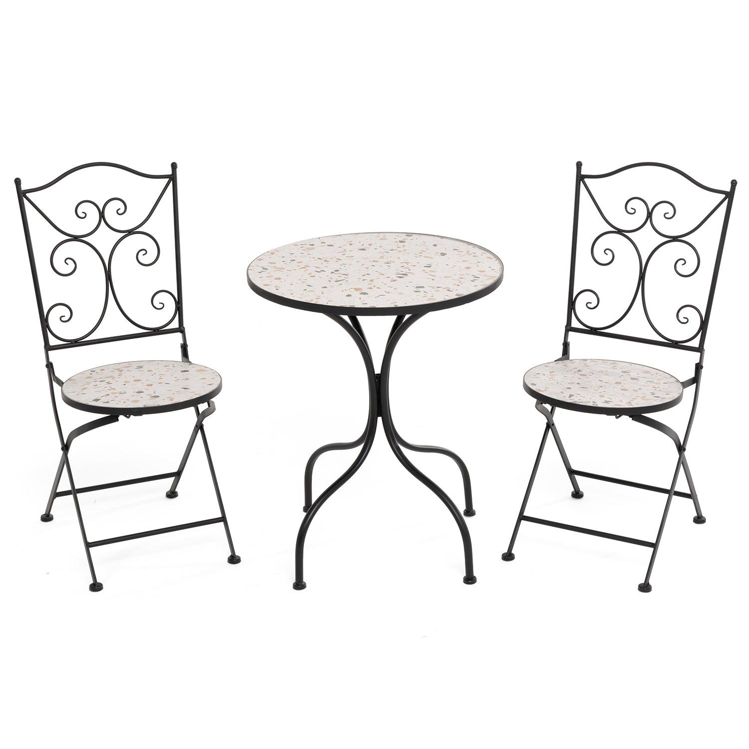 VESTIAMO CASA GIARDINO - Set giardino Bistrot tavolo rotondo 60 cm e 2 sedie in metallo Nero e Top in ceramica Effetto Mosaico