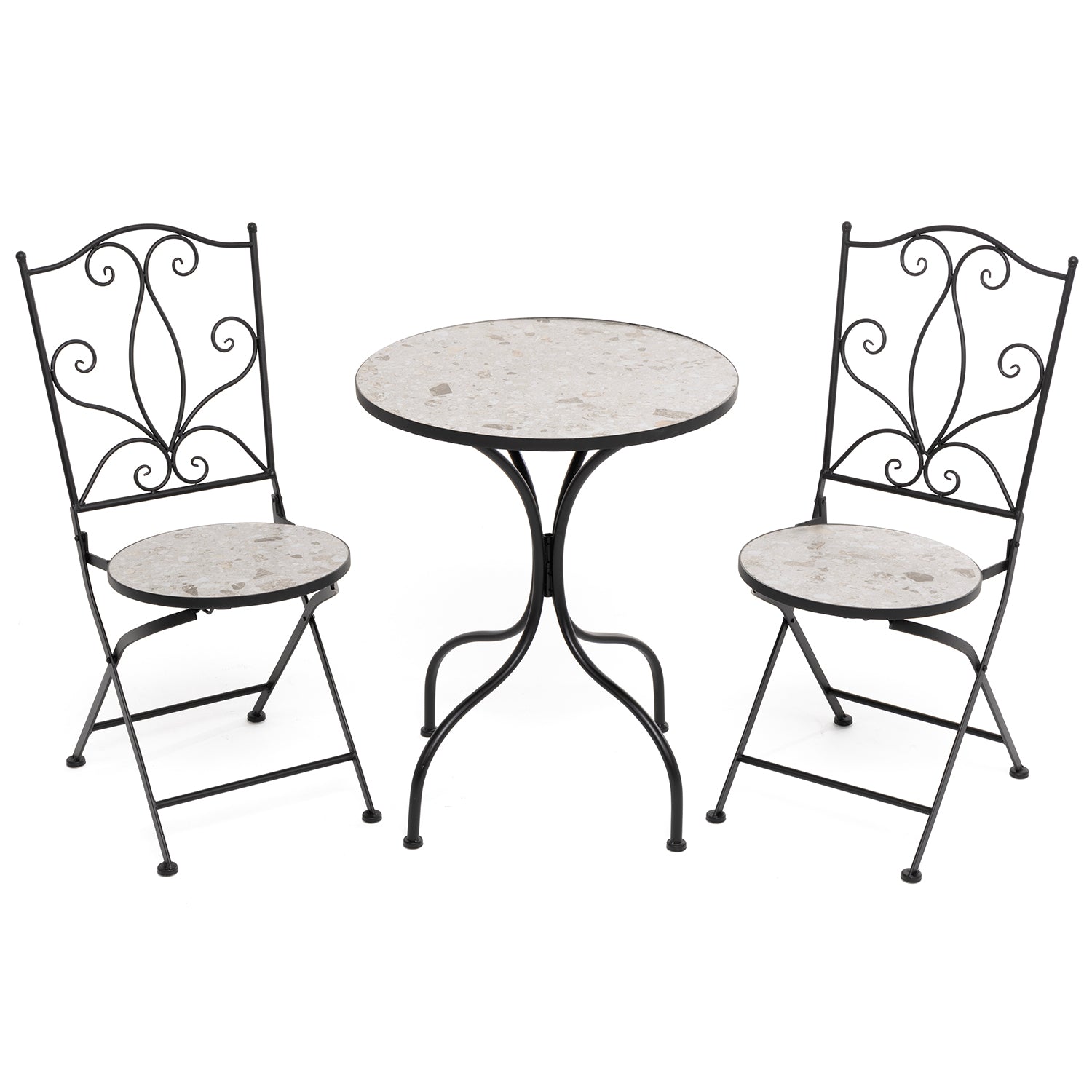 VESTIAMO CASA GIARDINO - Set giardino Bistrot tavolo rotondo 60 cm e 2 sedie in metallo Nero e Top in ceramica Effetto Mosaico