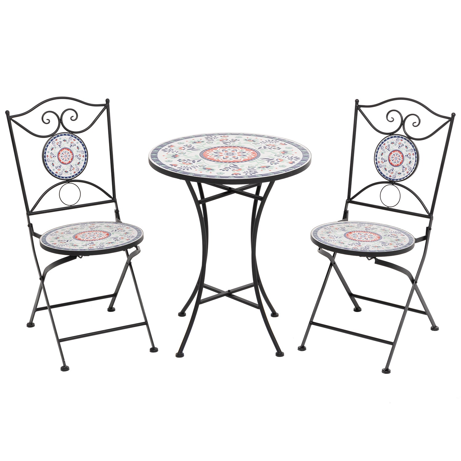 VESTIAMO CASA GIARDINO - Set giardino Bistrot tavolo rotondo 60 cm e 2 sedie in metallo Nero e Top in ceramica Effetto Mosaico