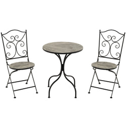 VESTIAMO CASA GIARDINO - Set giardino Bistrot tavolo rotondo 60 cm e 2 sedie in metallo Nero e Top in ceramica Effetto Marmo Grigio