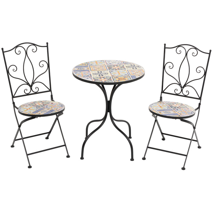 VESTIAMO CASA GIARDINO - Set giardino Bistrot tavolo rotondo 60 cm e 2 sedie in metallo Nero e Top in ceramica Effetto Mosaico Multicolor
