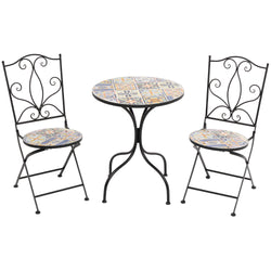 VESTIAMO CASA GIARDINO - Set giardino Bistrot tavolo rotondo 60 cm e 2 sedie in metallo Nero e Top in ceramica Effetto Mosaico Multicolor