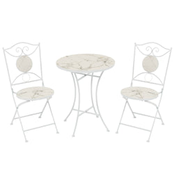 VESTIAMO CASA GIARDINO - Set giardino Bistrot tavolo rotondo 60 cm e 2 sedie in metallo Bianco e Top in ceramica Effetto Marmo Bianco