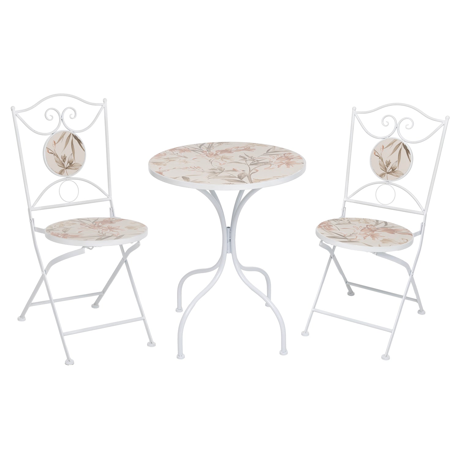VESTIAMO CASA GIARDINO - Set giardino Bistrot tavolo rotondo 60 cm e 2 sedie in metallo Bianco e Top in ceramica decorata con motivi floreali