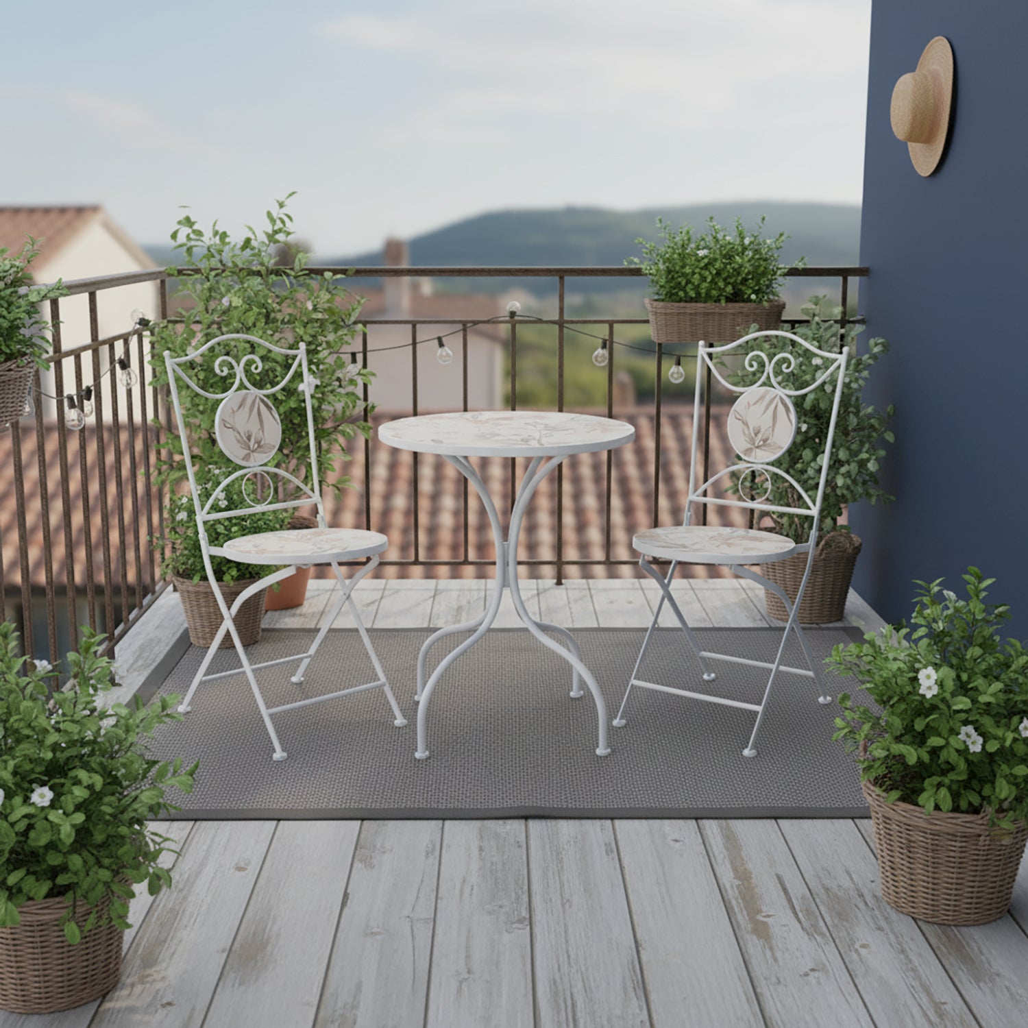 VESTIAMO CASA GIARDINO - Set giardino Bistrot tavolo rotondo 60 cm e 2 sedie in metallo Bianco e Top in ceramica decorata con motivi floreali