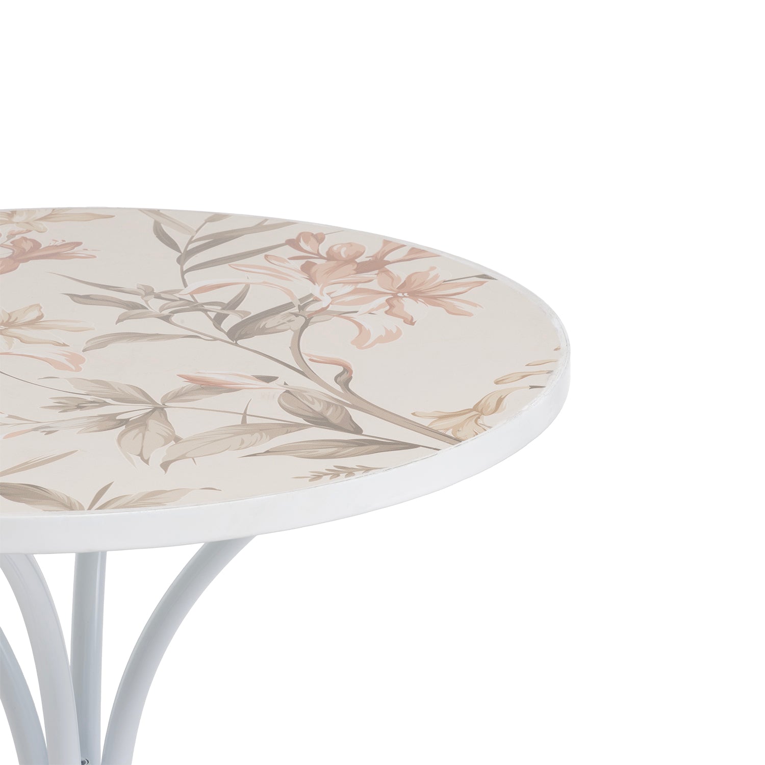 VESTIAMO CASA GIARDINO - Set giardino Bistrot tavolo rotondo 60 cm e 2 sedie in metallo Bianco e Top in ceramica decorata con motivi floreali