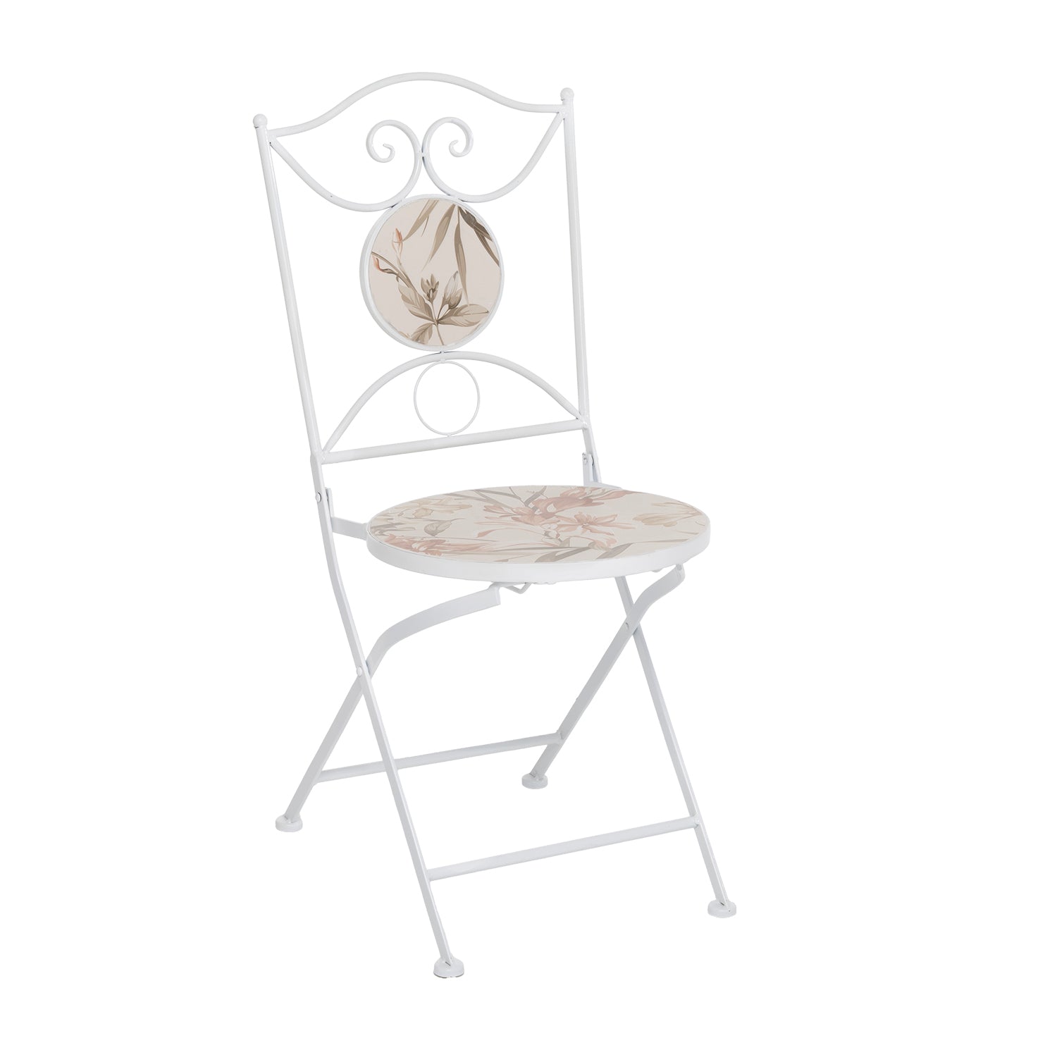 VESTIAMO CASA GIARDINO - Set giardino Bistrot tavolo rotondo 60 cm e 2 sedie in metallo Bianco e Top in ceramica decorata con motivi floreali