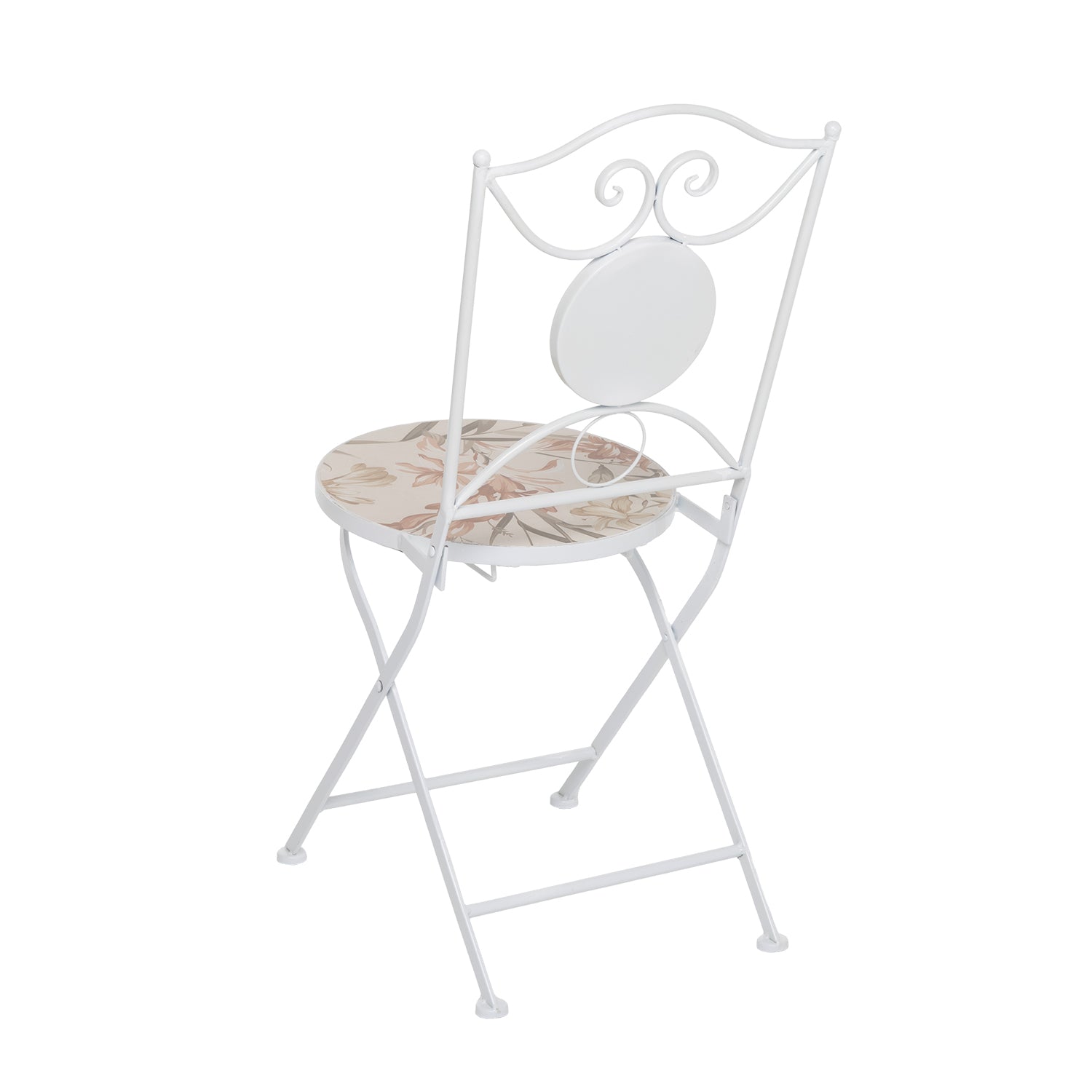VESTIAMO CASA GIARDINO - Set giardino Bistrot tavolo rotondo 60 cm e 2 sedie in metallo Bianco e Top in ceramica decorata con motivi floreali
