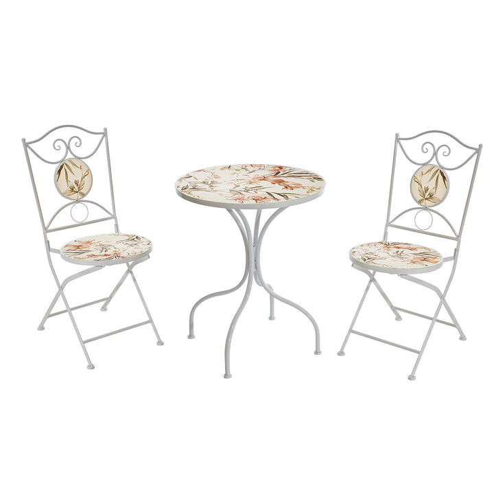 VESTIAMO CASA GIARDINO - Set giardino Bistrot tavolo rotondo 60 cm e 2 sedie in metallo Bianco e Top in ceramica decorata con motivi floreali