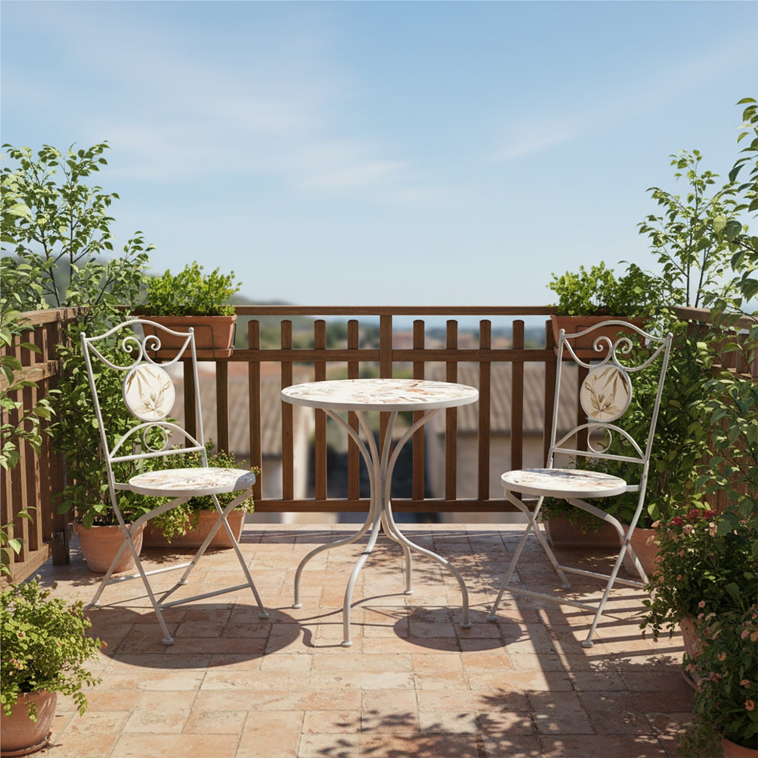 VESTIAMO CASA GIARDINO - Set giardino Bistrot tavolo rotondo 60 cm e 2 sedie in metallo Bianco e Top in ceramica decorata con motivi floreali
