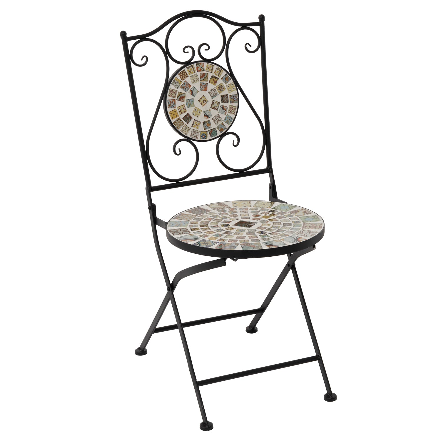 VESTIAMO CASA GIARDINO - Sedia da giardino Pieghevole Decorata in metallo nero con maioliche Multicolor - h90x38x38 cm