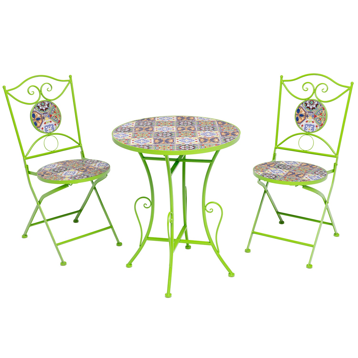 VESTIAMO CASA GIARDINO - Set giardino Bistrot Tavolo rotondo 60 cm e 2 sedie richiudibili in metallo Verde con Top in Ceramica Effetto Mosaico