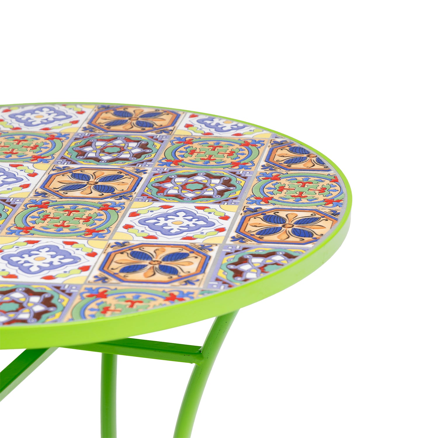 VESTIAMO CASA GIARDINO - Set giardino Bistrot Tavolo rotondo 60 cm e 2 sedie richiudibili in metallo Verde con Top in Ceramica Effetto Mosaico